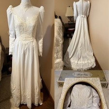 Vintage 1980s Wedding Dress Gown Lace Sz 6 Puffy Sleeve Boho Union Made In USA