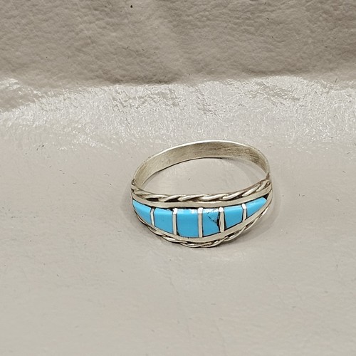 Zuni Handmade Sterling Silver Turquoise Inlay Ring Size 9.5-Signed