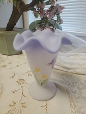 Fenton Lavender Purple Satin Glass Vase Hand Painted Flowers Hummingbird 5688