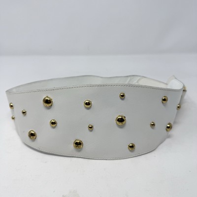 VTG Yves Saint Laurent White Leather Gold Studs YSL Logo Belt Sz M