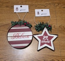 Rustic Farmhouse Metal Wood Christmas Tree Ornaments Red White Circle Star 5.5"