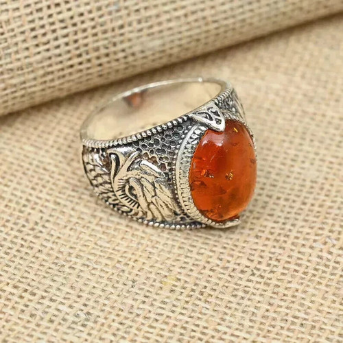 Orange Ambar Gemstone Ring 925 Sterling Silver Men's Beautiful Ring All Size S29 - 第 4/4 張圖片