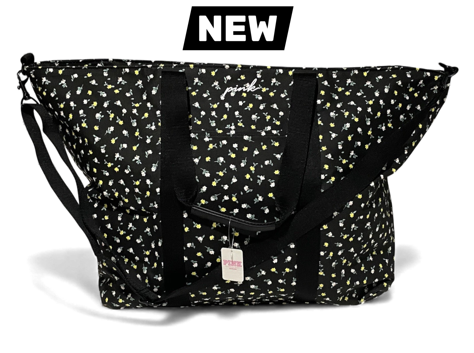 Victoria's Secret Pink Large Tote Bag Black Floral Weekender