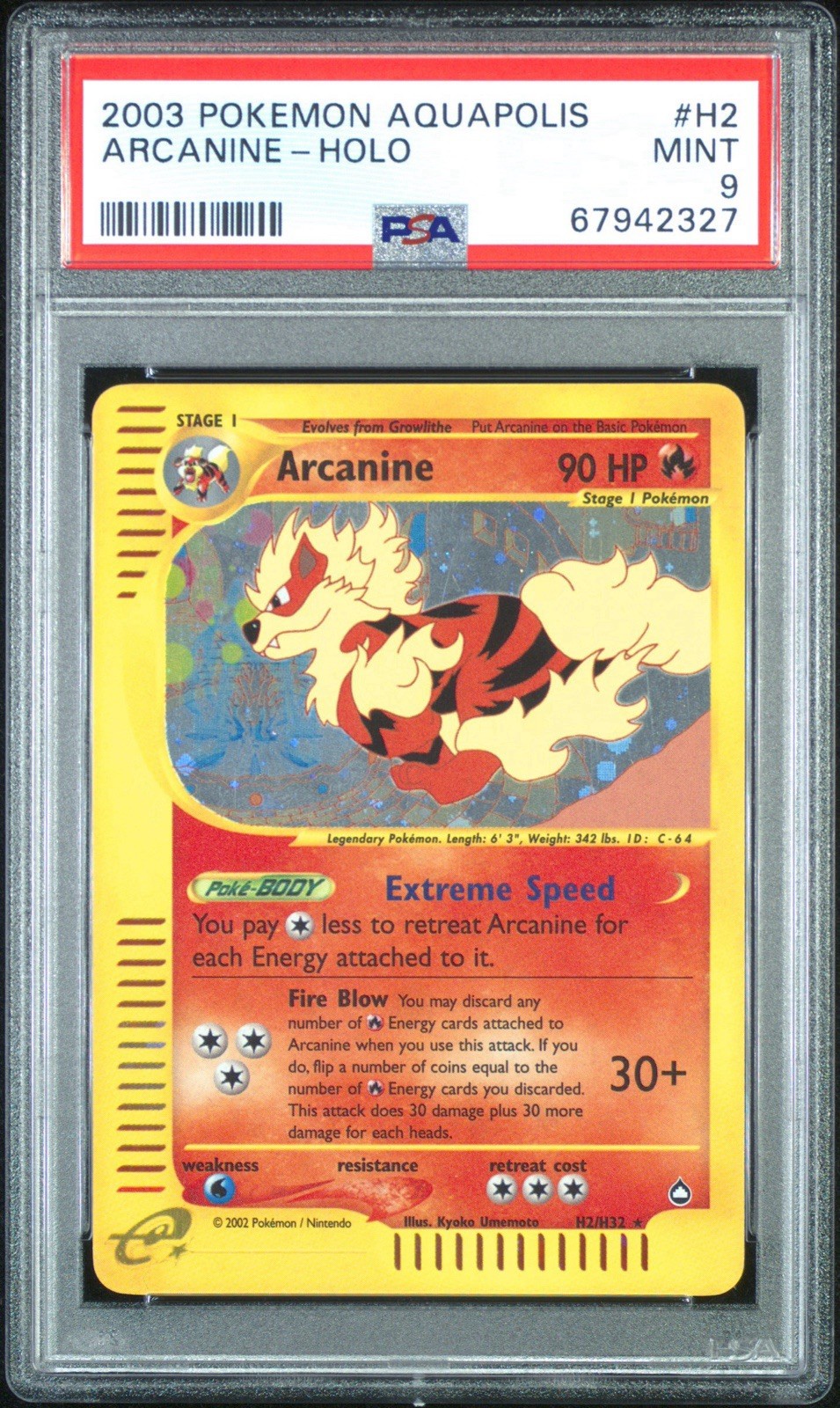 2003 Pokemon Aquapolis Arcanine Holo Rare Swirl #H2/H32 PSA 9 Vintage