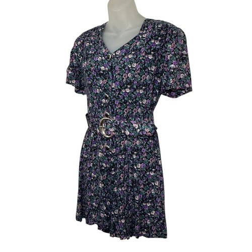 Vintage 90s Caroline Wells Belted Floral Romper Shorts Dress Button Up  Grunge 6 - Picture 3 of 12