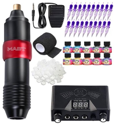 Mast Sai Rotary Tattoo Pen Machine Kit Power Supply Ink Needles Pedal 