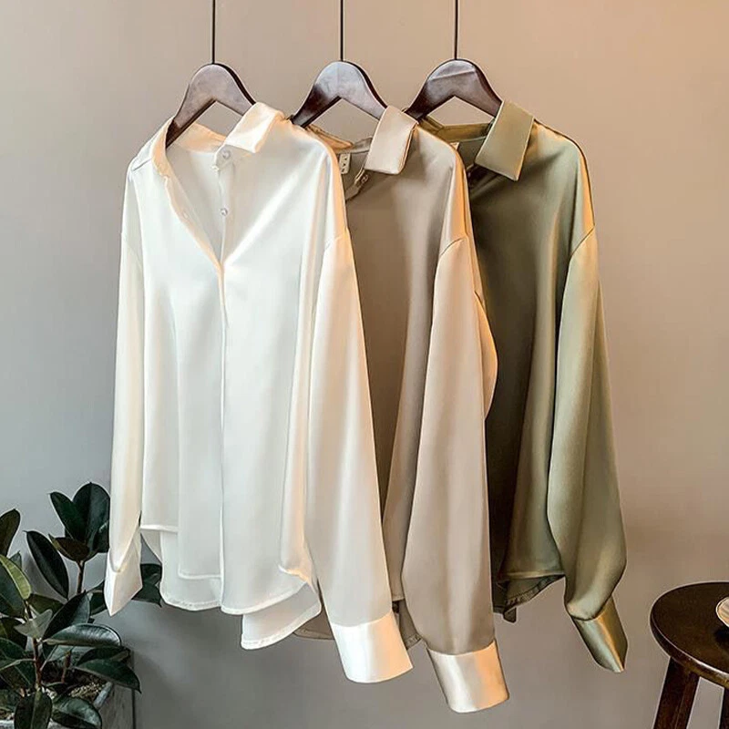 Womens Satin Silk Plain Shirt Ladies Casual Baggy Button-up OL Work Blouse Tops - Image 3 of 4