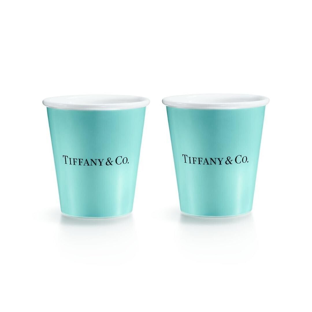 Tiffany & Co. Bone China Paper Cup Set of 2 Espresso Light Blue Porcelain  w/ Box