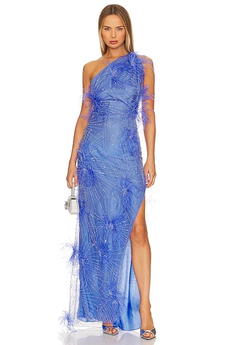Revolve MadebyILA Julia Gown in Aqua Blue with Feathers Size XS (MSRP $1850)