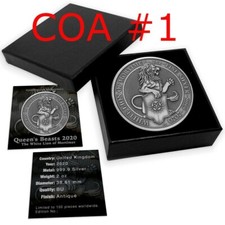 ANTIQUE WHITE LION QUEEN'S BEASTS 2020 2 oz Pure Silver Coin MINTAGE 150 COA #1
