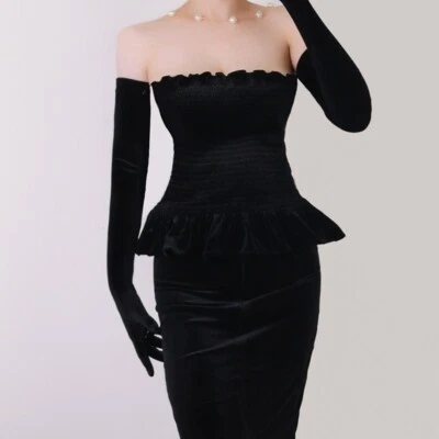 Femme Rétro Velours Noir Gants Poignet Long Extensible Soirée Opéra Élégant - Photo 1/4