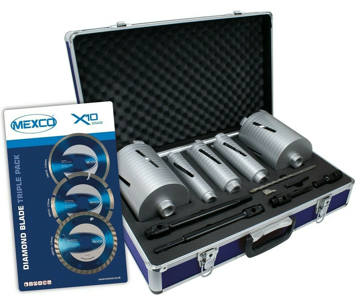 Mexco 11 Piece Dry Diamond Core Drill Bit Set Kit With 115mm Diamond Blade Pack