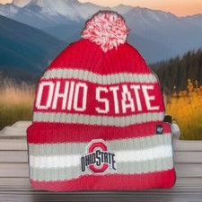 OSU Ohio State Buckeyes Knit Hat Cuffed Beanie 2 Tone Scarlet Bucks NWT w/ POM