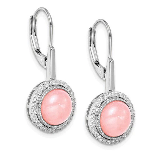 14k White Gold Natural Round Rose Quartz Diamond Pave Halo Lever Back Earrings - Image 3 of 4