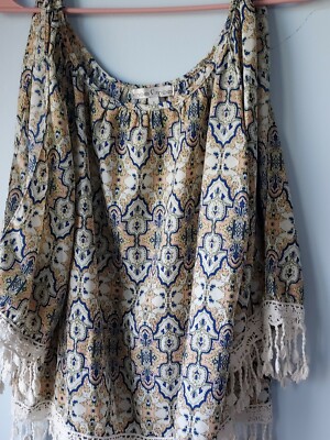 Moa Moa Open Shoulder Blouse Top womens size small fringe boho style