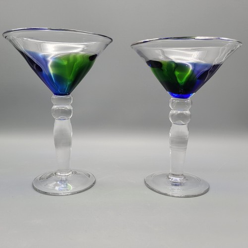 Pier 1 Imports Hand Made Blue And Green Martini Bar Glasses 6 7/8” Tall - Picture 9 of 18