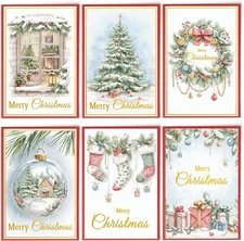 24 Assorted Christmas Cards with Envelopes - Gold Foil Glitter Watercolor
