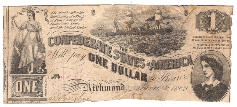 1862 $1 Confederate States of America Note T-44 Civil War Currency