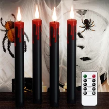 Halloween Black Taper Flameless Candles Battery Operated with Remote Timer, 4 Pc