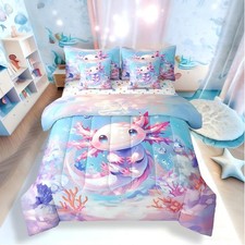 7 Pieces Teen Girl Axolotl Bedding Set Twin Size - Cute Axolotl Comforter Set...