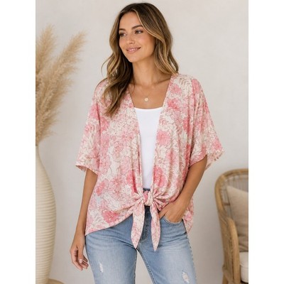 ROXY Women's Floral Print Kimono Cardigan Lightweight Short Sleeve Tie Front