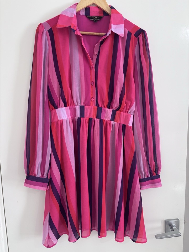 Lipsy London Pink Striped Chiffon Shirt Dress Mini Long Sleeve Sz 12 Bow Magenta