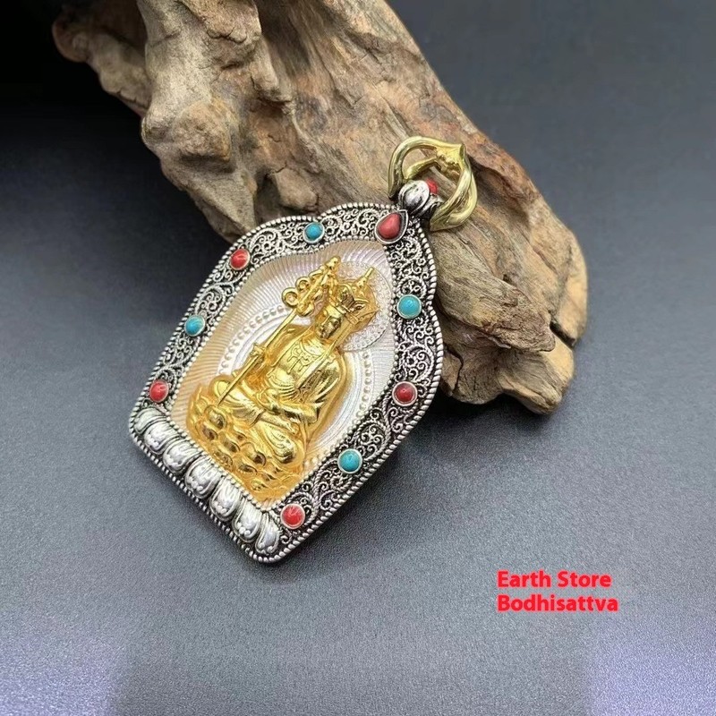 S999 Fine Silver Tibetan Buddha Shrine Amulet Pendant Gold Plated Deities - Product main view