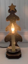 Primitive Folk Art Electric Lamp Wood Christmas Tree w/ Silicone Bulb Tin Base