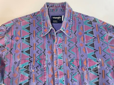 Vintage 90s Wrangler Brushpopper Western Shirt USA Made Aztec Southwestern 17-35