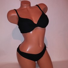 Victoria Secret Swim Bikini 36B Top Medium Bottom Black Push Up Brazilian Underw