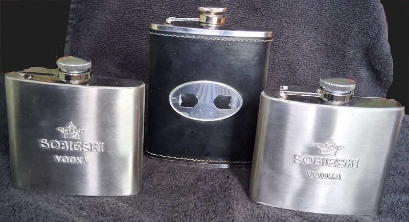 Lot of 3 Stainless Steel Flasks - 2 SOBIESKI Vodka 5oz and 1 Leather Wrapped 8oz