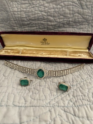 Vtg Art Deco Emerald & Paste Glass Rhinestone Stg Silver Bracelet & Earrings