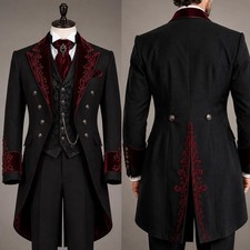 Halloween Gothic Men's Suits Tailcoat Black Red Embroidered Wedding Costume 3Pcs