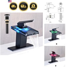 LED Bathroom Sink Faucet, Matte Black Waterfall Single Hole Handle Vanity Fau...