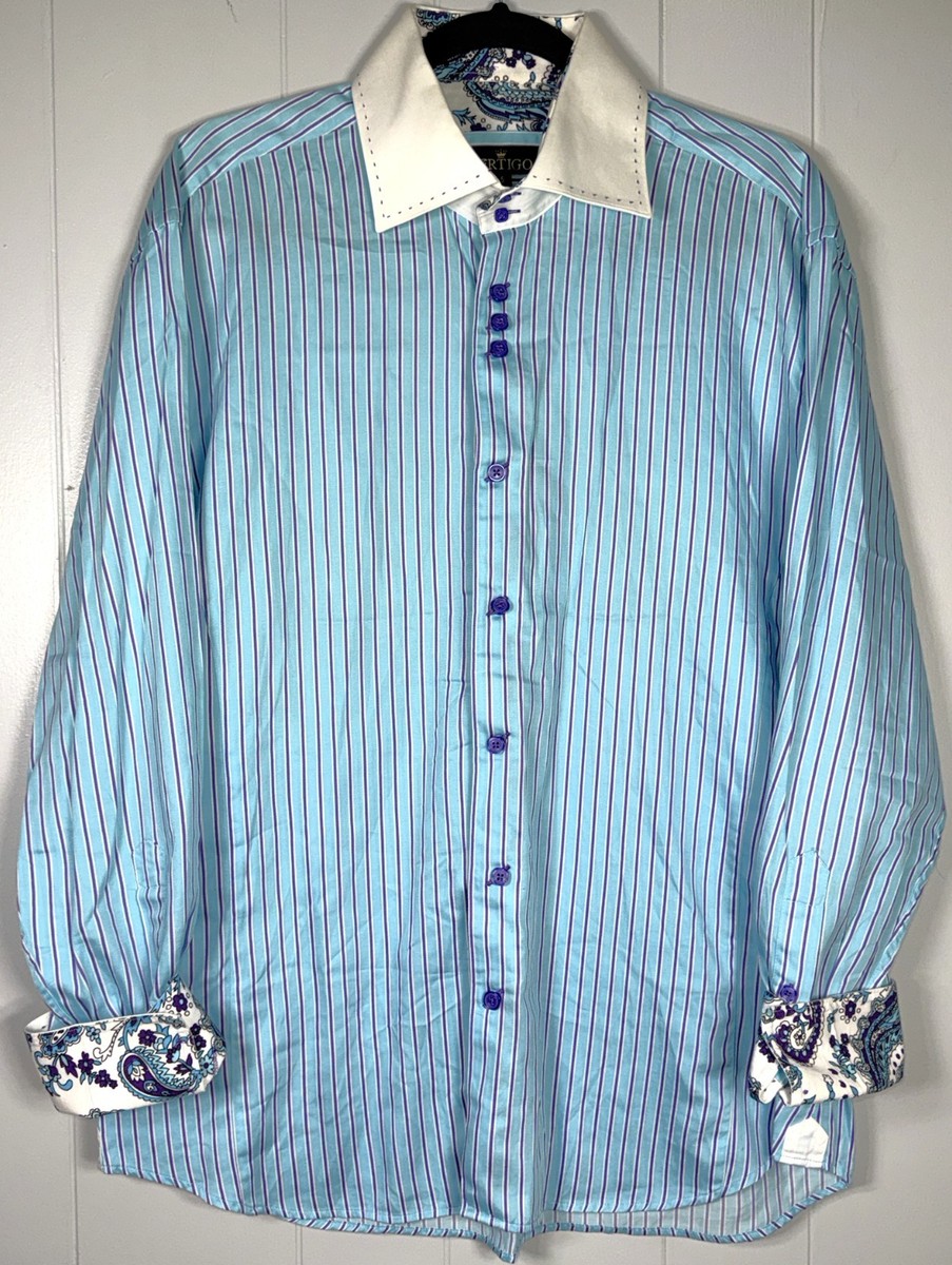 bertigo dress shirts Bertigo Blue Pin-Stripe Paisley Floral Button-Down Dress Shirt Mens 5 US XL  44