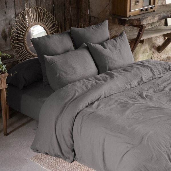 Housse de couette 220x240 gaze de coton granit pour parure de lit adulte gaufrée gris