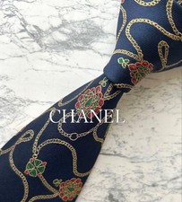 Chanel Gold Chain Jewelry Pattern Navy Tie Japan Used 083984