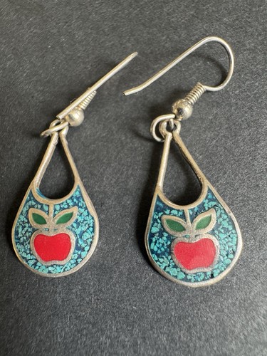 Vintage Mexico 925 Sterling Silver Crushed Turquoise Enamel Dangle Earrings - Picture 3 of 8