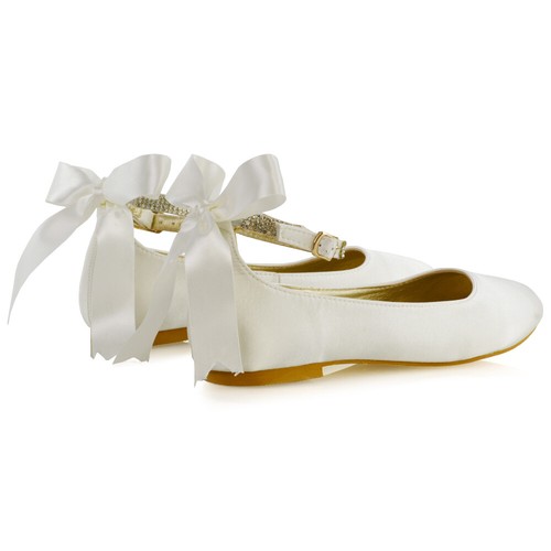 Womens Flat Bridal Shoes Bow Diamante Ankle Strap Ladies Satin Ballet Pumps 3-9 - Picture 24 of 41