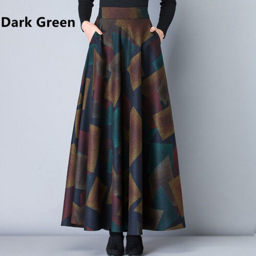 Lady Faux Wool Retro Skirt Check Tartan A-line Floral Pleated Elastic Waist - Picture 12 of 18