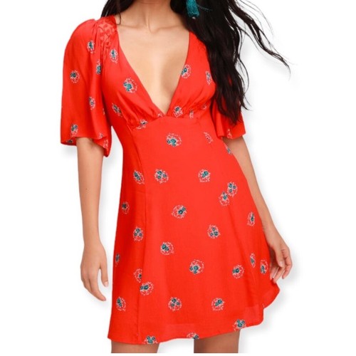 Free People Women's Dress Orange Floral Mockingbird Mesh Inset Mini Size S - Picture 12 of 13