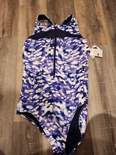 Women's One Pc swimsuit lands end blue brushed tie dye zip front sz s new nwt
