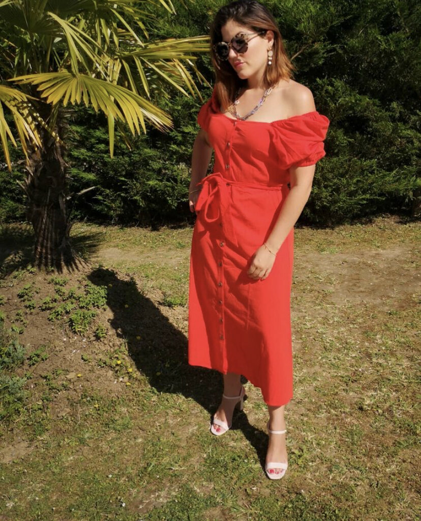 h&m creped cotton dress H&M Creped Cotton Dress Puff Sleeves Square Neckline Red Cream Black New