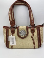 Purse Shyanne Cream Brown Western Tooled Leather Laced Rhinestone Zippered NWT