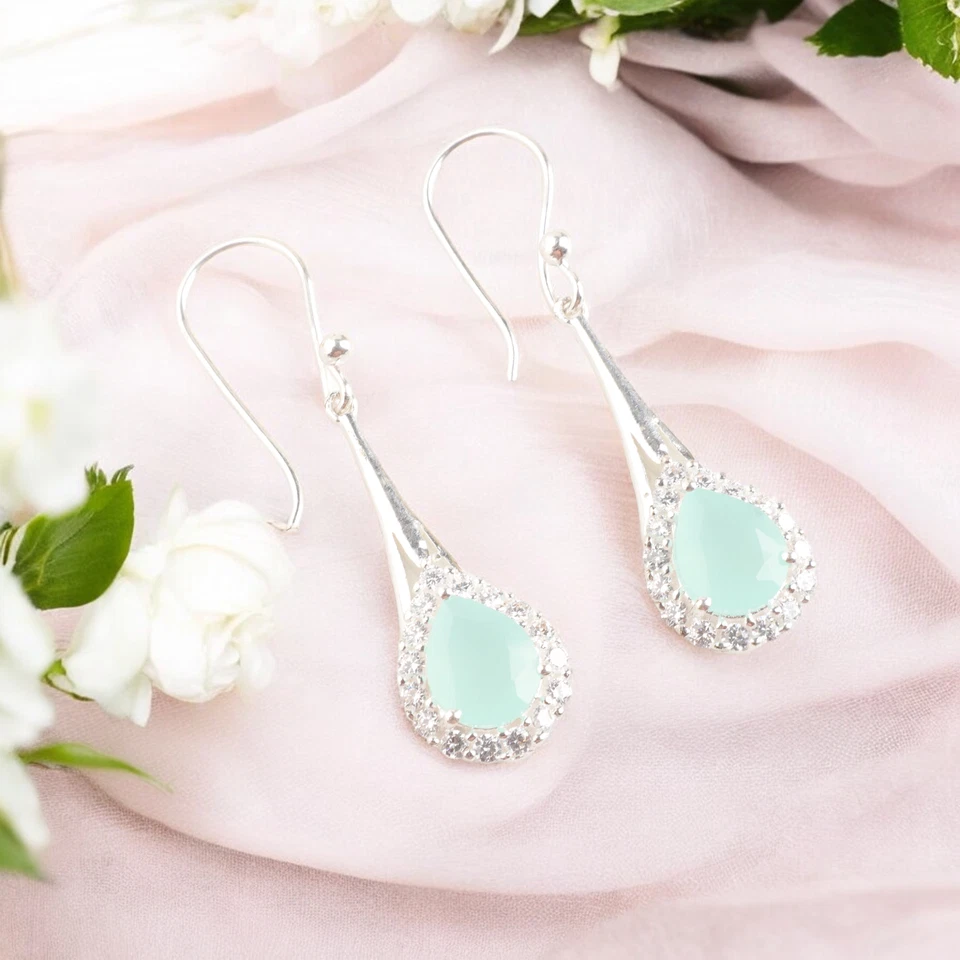 Cubic Zirconia & Aqua Chalcedony Gemstone Dangle 925 Sterling Silver Earrings - Image 2 of 4