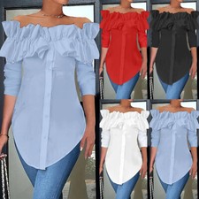 Womens Ladies Off Shoulder Long Sleeve Work Party T Shirt Slash Neck Blouse Top