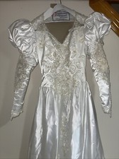 Victorian Lace Sheer Beaded Sequin Ballgown White Wedding Dress Pearls Sz 12
