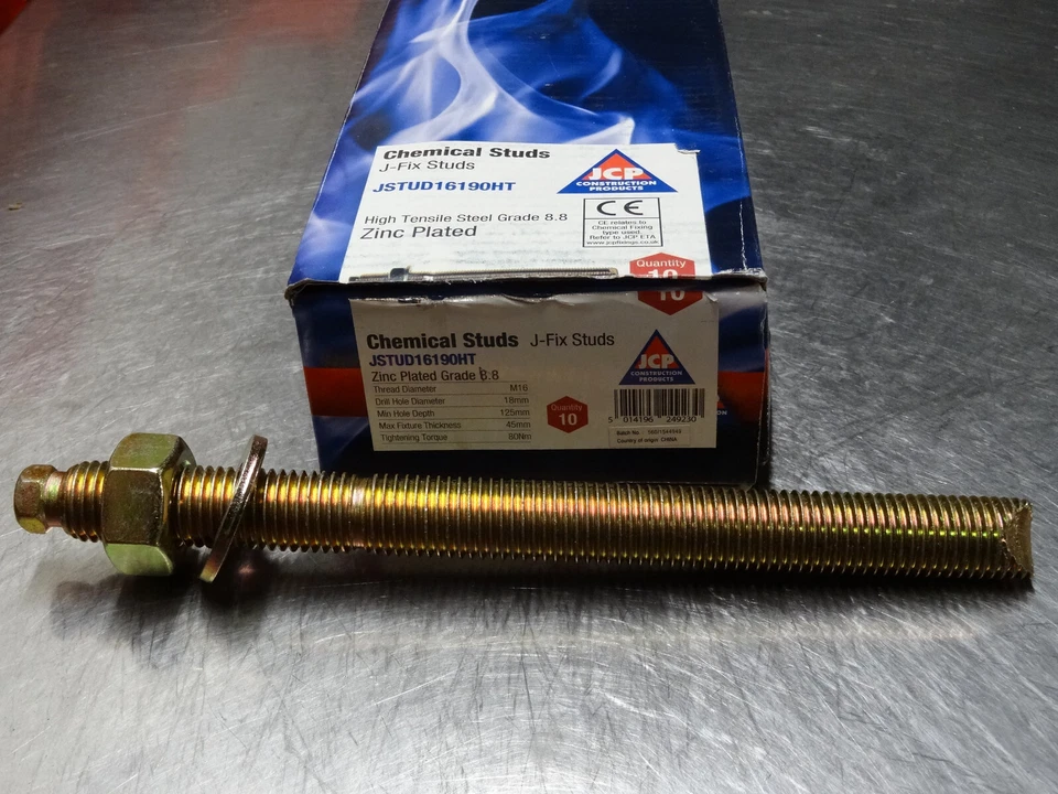 JCP M16 x 190mm RESIN ANCHOR STUDS, 8.8 high tensile steel chemical concrete fixing