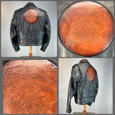 Vtg Leather Jacket Motorcycle Moto Tooled Zippers Buckle Snaps 44