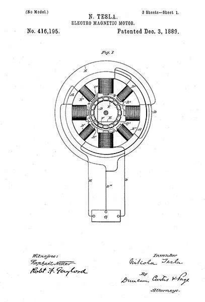 1889 Electro Magnetic Motor N. Tesla Patent Art Magnet